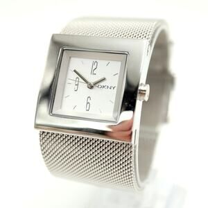 DKNY Womens Silver Tone Square 30mm Watch Metal Mesh Strap with New Battery